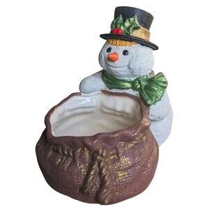 Vintage Ceramic Snowman with Burlap Sack Candy Dish Handcrafted and Painted 1996